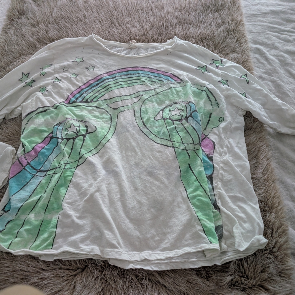 White Graphic Long Sleeve Tee with Pastel Rainbow Print
